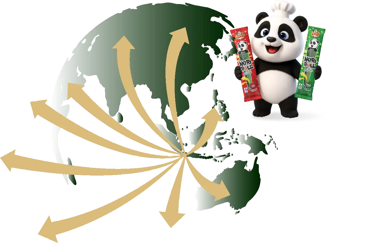 Norigo panda mascot beside a globe with export routes from Indonesia