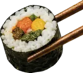 Sushi roll with nori held by chopsticks