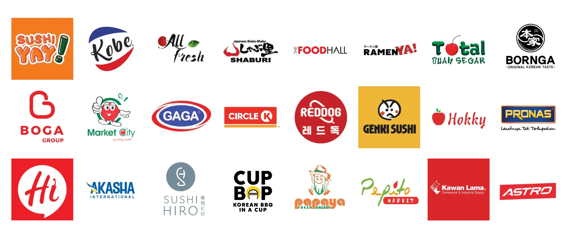 Logos of Norigo clients: supermarkets, minimarkets and restaurant chains